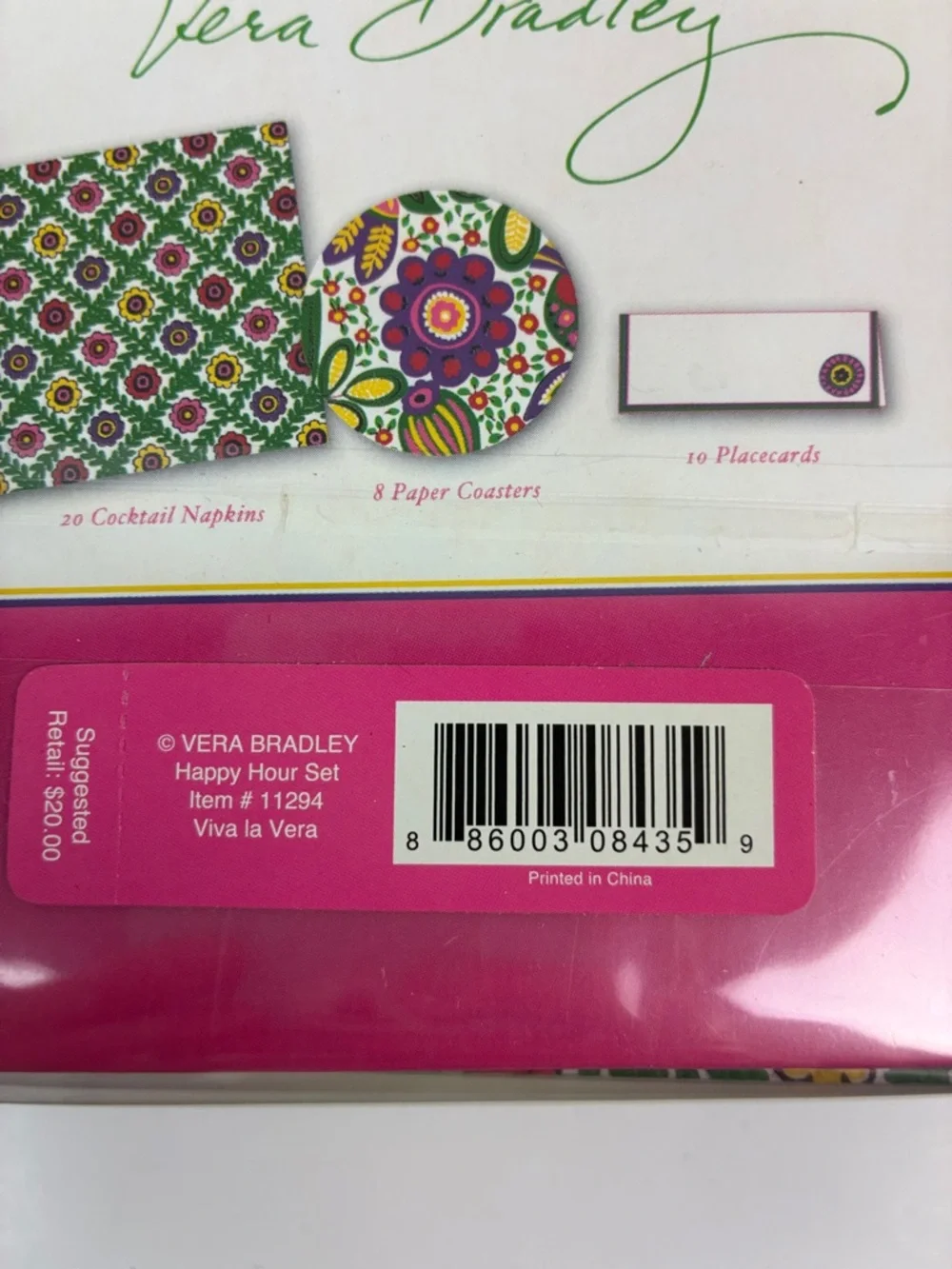NWT Vera Bradley happy hour set viva la Vera napkins coasters placecards